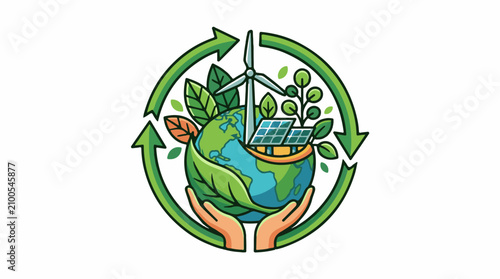 Earth held by hands surrounded by recycle arrows solar and wind energy