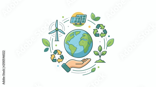 Earth held in hand surrounded by renewable energy and nature