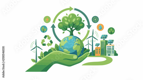 Earth held in hand surrounded by symbols of green energy and nature