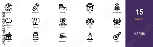 Schilderij op canvas Set of 15 outline web Hippies icons such as guitar, plant, pamela hat, skirt, ra