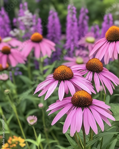 Vibrant purple coneflower blossoms in a lush garden with blurred purple lupine flowers in the background field