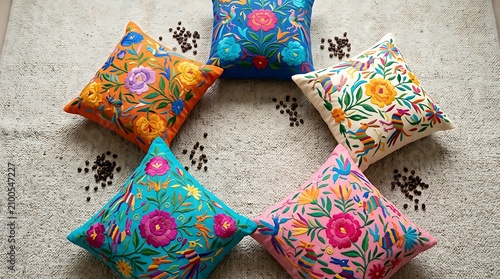 Colorful embroidered floral pillows arranged in a circle on a rug