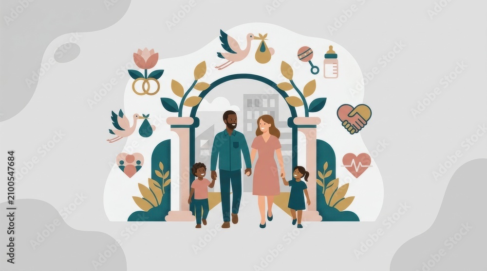 Fototapeta premium A family walks through an arch symbolizing support for family building. Icons around show benefits like health, care, and love common in workplaces.
