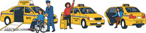 Foto New York City yellow cab set featuring accessible taxi with ramp wheelchair pass