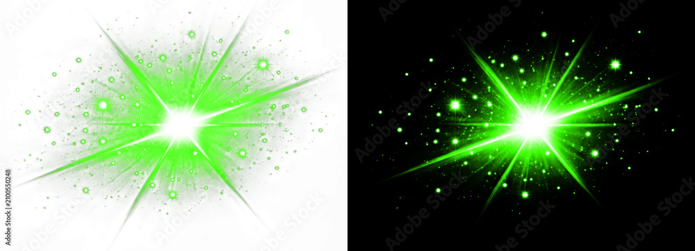 Fototapeta premium Glow effect with sparks, green explosion isolated on transparent background and black background, shiny glowing light starburst with particles.