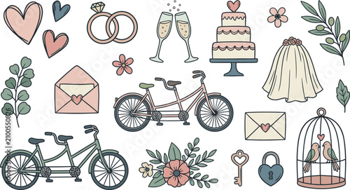 Romantic wedding doodle collection featuring tandem bicycle, bridal dress, wedding cake, champagne, love letters and floral elements vector set