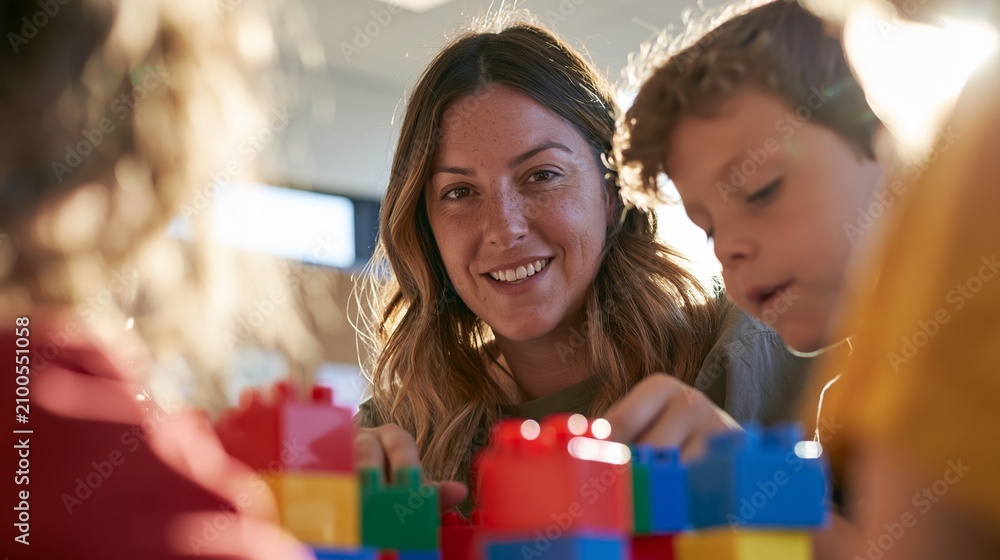 Fototapeta premium Family Engagement in a Lego Building Activity, with a Mom and Kids Creating Together