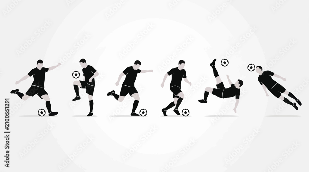 Obraz premium Monochrome silhouettes of soccer players performing dynamic ball actions.