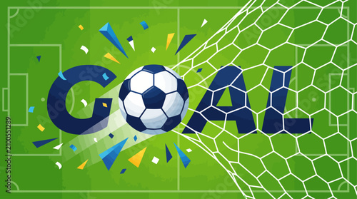 Colorful soccer goal celebration graphic with ball and net.