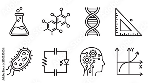 Minimalist STEM education icons set for infographics. Flat design science symbols collection with transparent background.