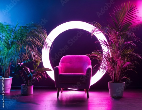 luxurious velvet armchair in dark room with neon pink circular light and tropical plants creating cyberpunk atmosphere background