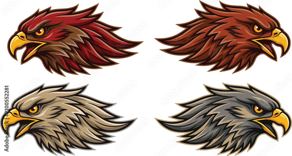 Fototapeta premium Fierce eagle head mascot vector illustrations in four color variations for sports logos and gaming emblems