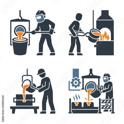 Photos Workers melting metal in factory.
