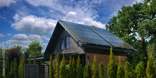 modern eco-friendly house with solar panels on the roof.