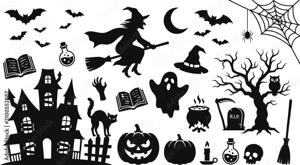 Fototapeta premium Spooky halloween day silhouettes witch ghost pumpkin more for festive decorations