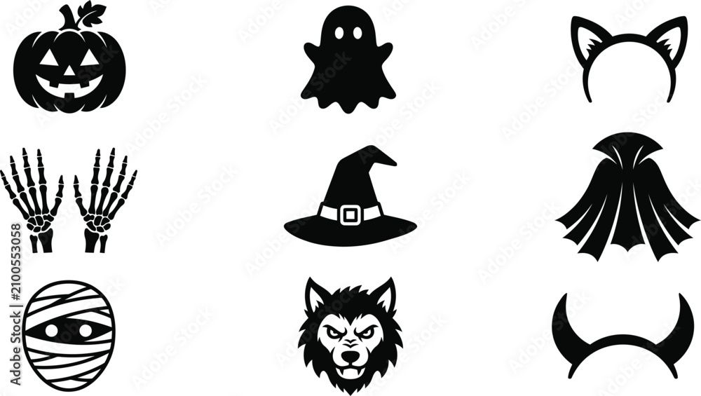 Fototapeta premium Spooky halloween day icons jack o' lantern ghost witch hat more for festive designs