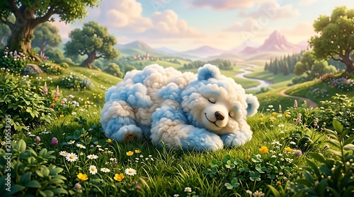 Whimsical fluffy cloud bear sleeping in a lush summer meadow