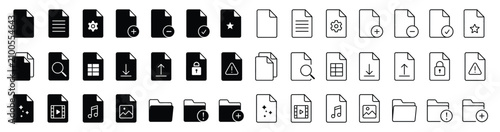File and Folder Icon Set - Line and Solid Document Icons, Data File Format Vector Collection
