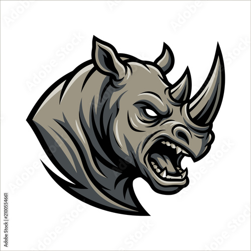 Gray Rhino Head with Horns Roaring.