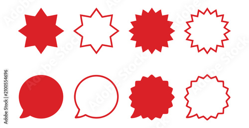 Star Burst and Speech Bubble Icon Set - Red Sticker Shapes, Sale Badge and Chat Bubble Vector Collection
