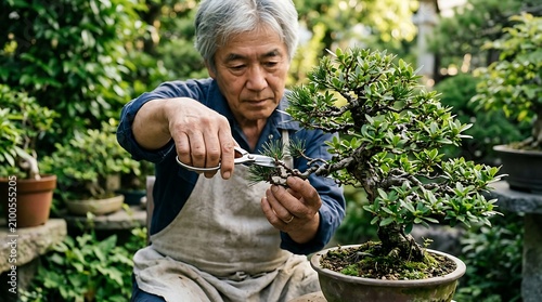 Senior gardener carefully trimming a miniature bonsai tree