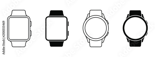 Smartwatch Icon Set - Line Art Wearable Device Icons, Square and Round Smartwatch Outline Vector Collection
