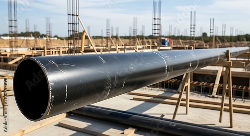 A large metal pipe lies on wooden supports at a construction site with a partly cloudy blue sky