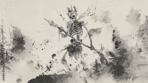 Skeleton warrior illustration in ink wash style with dynamic composition