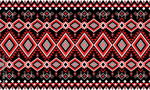 Seamless red, black and white tribal geometric pattern featuring traditional ethnic diamond motifs, zigzag borders with native folk textile design.