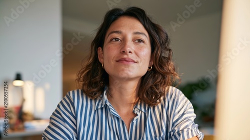 Woman with short hair in striped shirt, indoors, looking directly at camera.