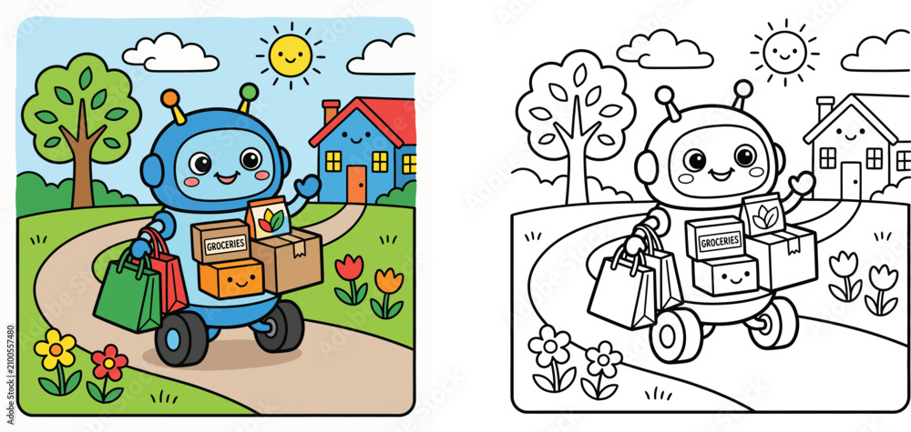 Fototapeta premium Cute delivery robot carrying groceries and packages, with colored version and black and white coloring page for kids activity, vector illustration.