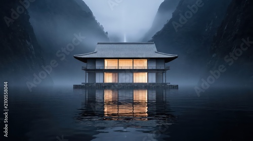 Ethereal blue hour landscape capturing a central, warmly lit Asian temple on stilts reflecting flawlessly onto tranquil water surrounded by misty canyon walls.
