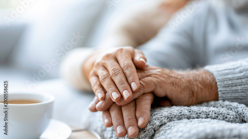 Close up of a woman gently holding the wrinkled hand of an elderly person to show support, care, and love.