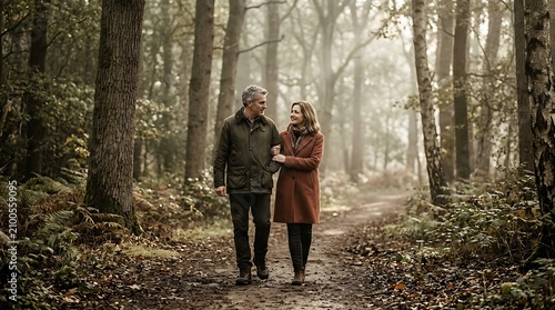 Happy middle aged couple walking through a misty autumn forest