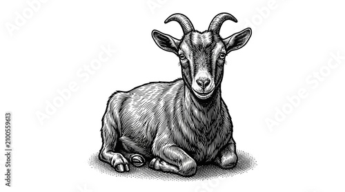Canvastavla Goat lying down looking forward calmly.