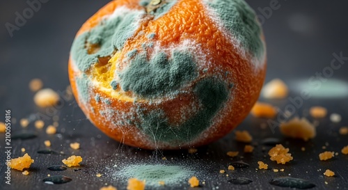 A moldy, rotting orange with green and white fungus on its surface