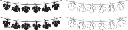 Decorative garlands of butternut squash with leaves isolated on transparent background