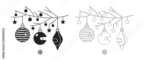Stylized Christmas tree branch with festive ornaments and snowflake decorations