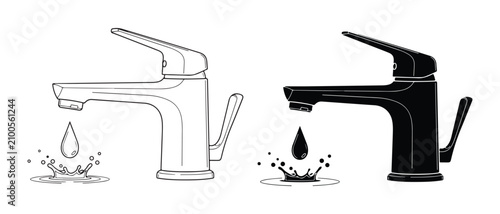 Set of two modern water faucets one outlined and one solid silhouette isolated on transparent background