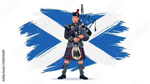 Scottish Piper Standing Proudly in Traditional Highland Attire with National Flag Background