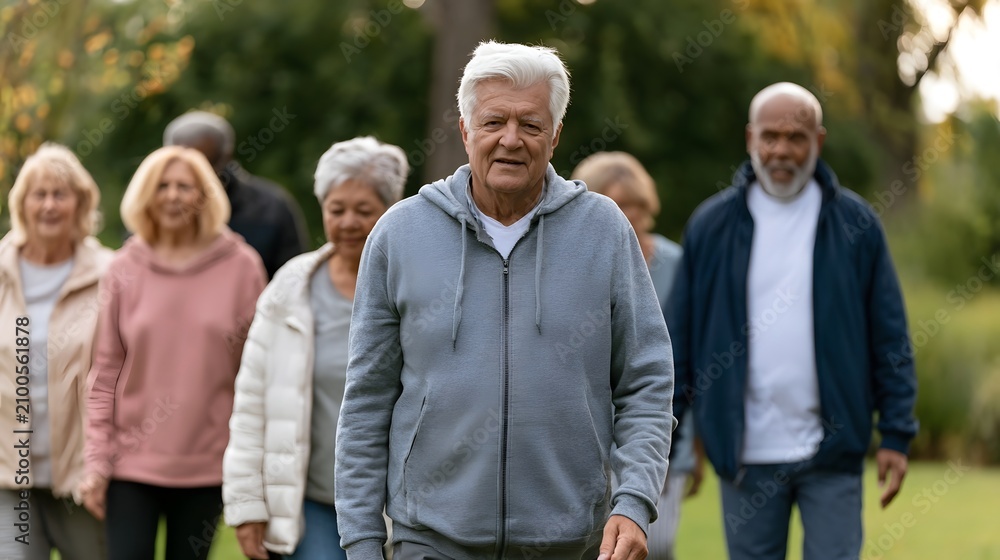 Fototapeta premium A group of senior adults walking together outdoors on a sunny day in a park setting with trees and green grass