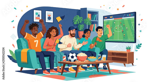 Diverse Group of Friends Cheering for a Soccer Match While Watching Live Sports on Television