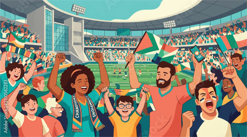 Diverse Group of Enthusiastic Soccer Fans Cheering in a Large Stadium During a Match