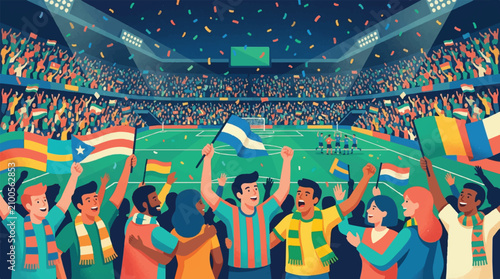 Diverse Crowd Cheering for Soccer Match in a Vibrant Stadium Arena Celebration