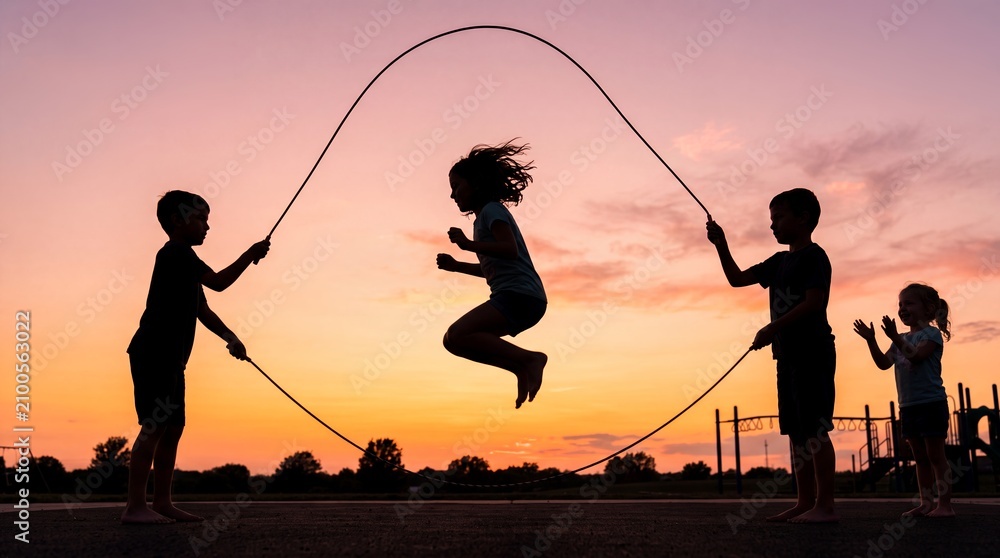 Fototapeta premium children skipping sunset playground silhouette outdoors play childhood activity friendship Friends turn a long jump rope as one child leaps at dusk creating energy for recreation and youth campaigns