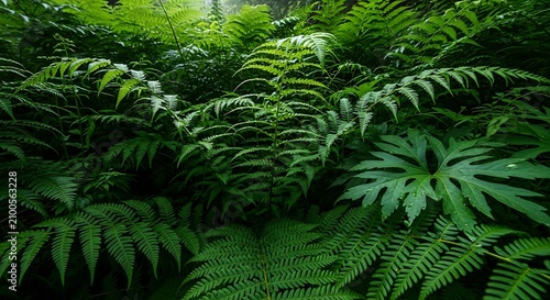 A lush, vibrant green fern forest with dense foliage