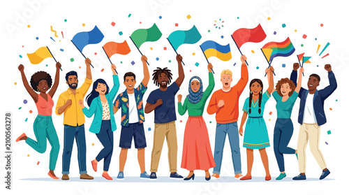 Diverse group of people celebrating diversity with flags and confetti, a symbol of unity and pride