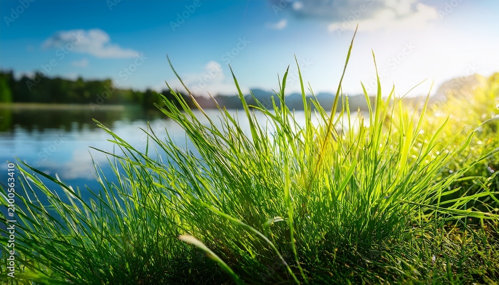 Obraz premium Close Up Of Green Grass By A Lake With Sunlight And Blue Sky In The Background
