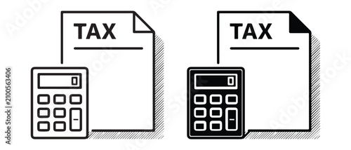 Two illustrations of a tax document and a calculator isolated on transparent background
