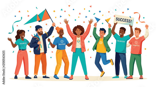 Diverse group of people celebrating success with confetti and flags